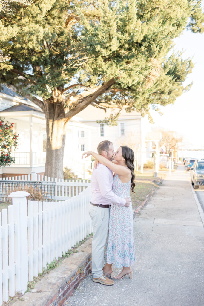 Coastal and Fun Winter Engagement Photos with Logan and Hunter in downtown Swansboro, NC.